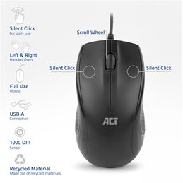 ACT Bedrade full size optische muis 1000 DPI, stille klik, milieuvriendelijk, gemaakt van gerecycled materiaal